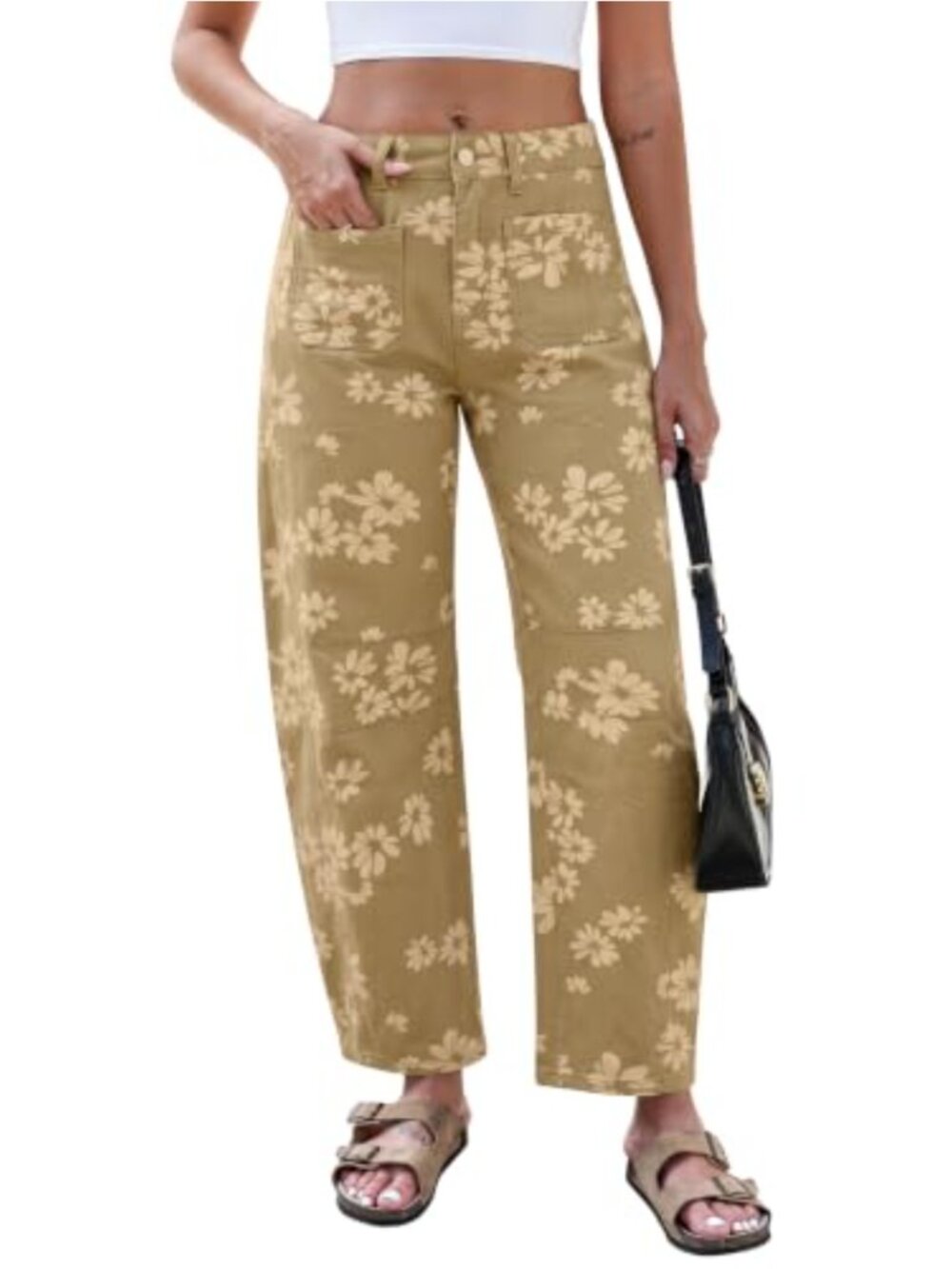 Wide Leg Barrel Pants High Waist Baggy Cotton Spandex Ankle Trousers Pockets